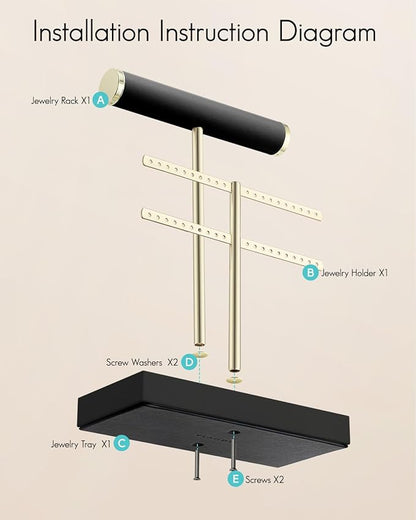 Vlando 2 Tier Necklace Holder Organizer with Tray, Leather Bracelet Holder Display for Women, Gold Jewelry Holder Stand for Bracelet, Necklace, Earrings, Rings - Black