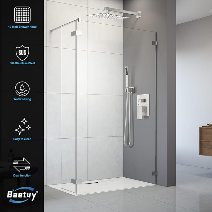 Shower Faucet Set Bathroom Square Rain Shower Head and Handle Set, Wall Mounted Shower Fixtures With Shower Valve and Trim Kit 10 inch Brushed Nickel