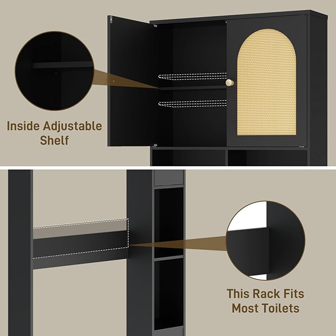 Over The Toilet Storage Cabinet, Wood Over Toilet Bathroom Organizer Cabinet with 2 Doors, Freestanding Home Space Save Toilet Rack for Restroom, Bathroom, Laundry, Black