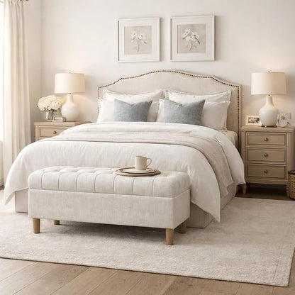 Homepop Home Decor | Tufted Ainsley Button Storage Ottoman Bench with Hinged Lid | Ottoman Bench with Storage for Living Room & Bedroom, Cream Textured Solid