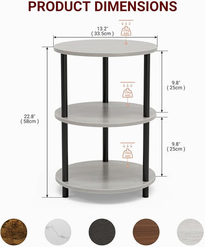 XBurmo Small Round End Table - 3 Tier Design Accent Table, Narrow Side or Bedside Stand, Industrial Vintage Nightstand for Bedroom, Living Room, or Small Spaces, Set of 2, Greige