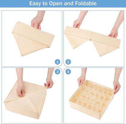 Foldable Storage Cubes Drawer Underwear Organizer Dividers， under Cabinet Organizer 24-Cell Fabric Storage Boxes for Lingerie,Socks,Ties（Creamy-White）