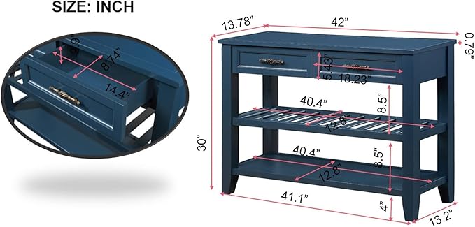 LKTART Solid Wood Console Table Entryway Table with Storage Drawers and Shelves Sofa Table for Entry Hallway Foyer(42" Navy Blue)