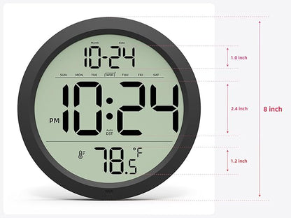 Digital Wall Clock Battery-Operated, 8 Inch Small Decorative Modern Wall Clock with Date, Temperature, Auto-DST, Silent Electric Wall Clock for Bedroom, Living Room, Kitchen, Office, Farmhouse -Black