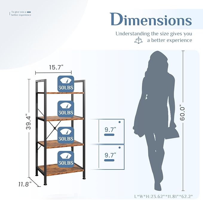 DUMOS 4 Tiers Bookshelf, Classical Book Shelf, Tall Display Shelves in Living Room/Home/Office, Storage Organizer for CDs/Books/Movies, Brown