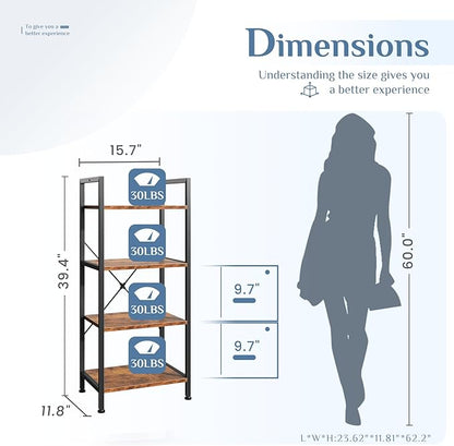 DUMOS 4-Tier Bookshelf, Modern Tall Bookcase, Open Storage Display Shelf for Living Room, Bedroom, Home Office, Narrow Standing Shelving Unit for Books, CDs, Décor，Brown
