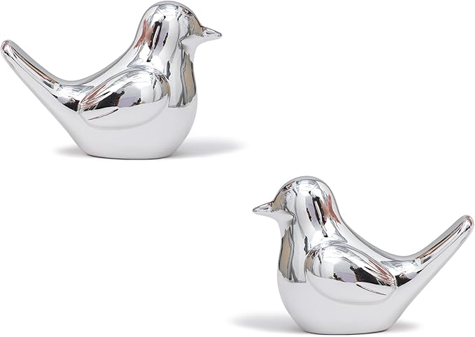 Artconal Small Silver Bird Statue Ceramic 2-Piece Set, 2¾ inch Cute Knick Knack for Home Office Shelf Desk Decor