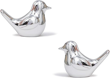 Artconal Small Silver Bird Statue Ceramic 2-Piece Set, 2¾ inch Cute Knick Knack for Home Office Shelf Desk Decor