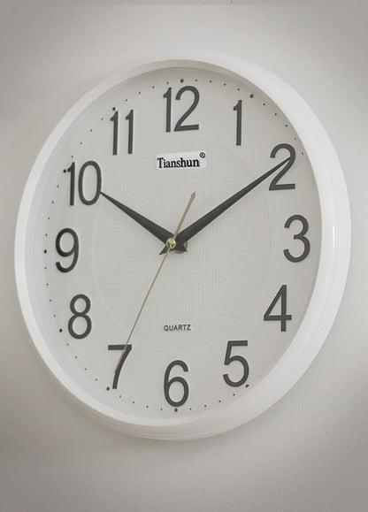 Wall Clock Silent Non-Ticking Battery Operated 12 Inch Wood Grain Large Easy to Read 3D Numbers for Office Living Room Bedroom Kitchen (White)