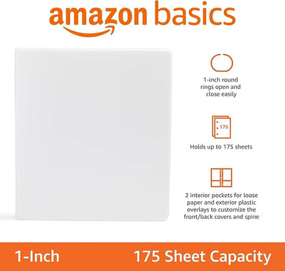 Amazon Basics 3-Ring Binder, 1-Inch, Customizable, with Pockets for Organization, White, 1-Pack