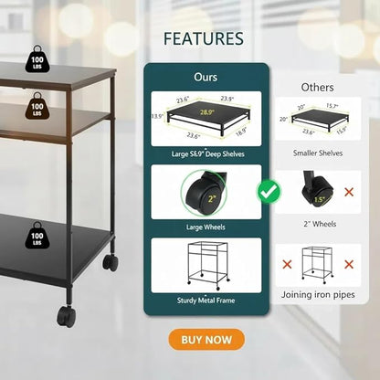 Heavy Duty 3-Tier Printer Stand with Locking Wheels, 23.6"x18.9" *31.5" Large Printer Table Shelf, Holds 100 lbs per Shelf - Fits Most 60" Desks, Perfect for Office, Home, Laser Printer or Mini Fridge