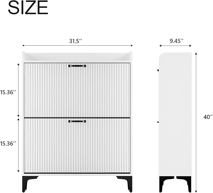 HIFYOBRO Fluted Shoe Cabinet with 2 Flip Drawers, Hidden Shoes Storage Cabinet, Modern Shoe Rack Organizer, Freestanding Narrow Shoes Organizer for Hallway, Entryway (White)
