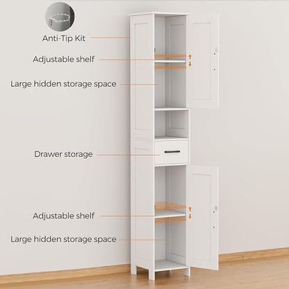 Homhedy 67" H Tall Bathroom Storage Cabinet with 2 Barn Doors and 1 Drawer, Narrow Storage Unit, Adjustable Shelves, Floor Cabinet for Bathroom, Living Room, Entryway, Kitchen, White, (11.8" W)