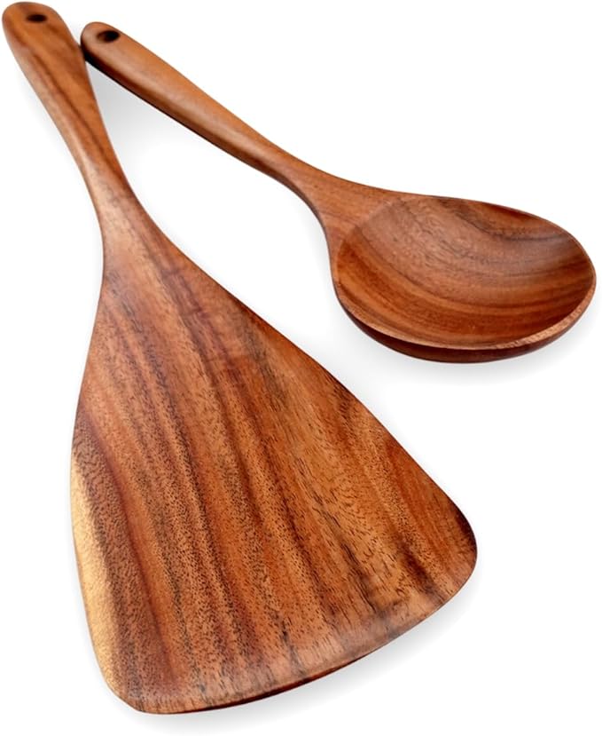 2 Piece Teak Wood Utensil Set - Handmade Spatula and Serving Spoon for Nonstick Cookware - Heat-Resistant & Non-Toxic Wooden Cooking Utensils - Essential Kitchen Gift Set