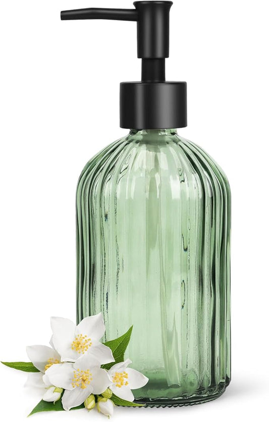 Topsky Glass Soap Dispenser with Black Plastic Pump, 400ml Liquid Hand Soap Dispenser, Rustproof Pump for Kitchen & Bathroom, Great for Lotions, Essential Oil, Liquid Soaps (Army Green)