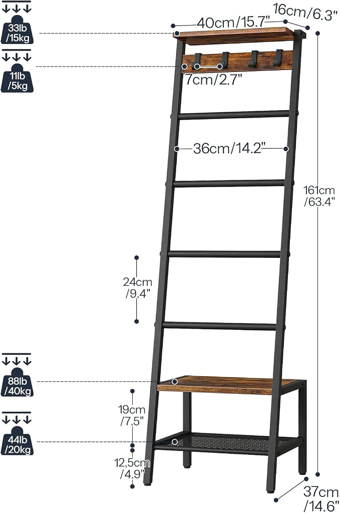 HOOBRO Blanket Ladder, 7-Tier Giraffe Shape Towel Rack for Living Room and Bedroom, 63.4" H Decorative Ladder Shelf with Hooks, Metal Frame, Industrial Style, Rustic Brown and Black BF13CJ01