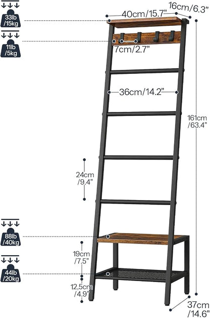 HOOBRO Blanket Ladder, 7-Tier Giraffe Shape Towel Rack for Living Room and Bedroom, 63.4" H Decorative Ladder Shelf with Hooks, Metal Frame, Industrial Style, Rustic Brown and Black BF13CJ01