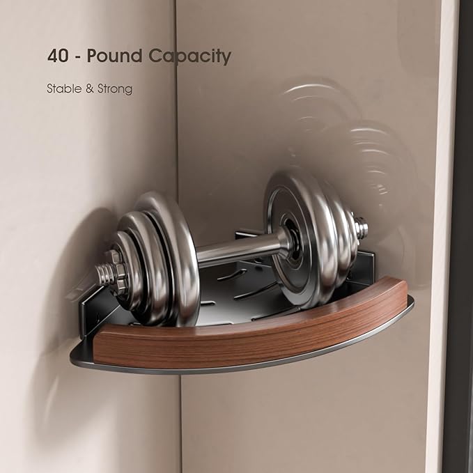 1 Pack Walnut Color Wall-Mounted Corner Caddy for Bathroom - No Drill Triangle Corner Storage Rack with Glue Accessories, Waterproof Vanity Organizer for Toiletries & Towels