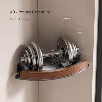 1 Pack Walnut Color Wall-Mounted Corner Caddy for Bathroom - No Drill Triangle Corner Storage Rack with Glue Accessories, Waterproof Vanity Organizer for Toiletries & Towels