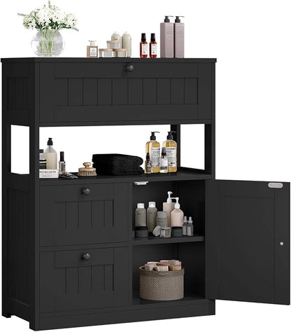 GRUSIGN Storage Cabinet, Modern Bathroom Floor Storage Cabinet Organizer with 1 Door and 3 Drawers, Freestanding Cupboard for Kitchen/Living Room Use