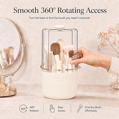 EACHY Makeup Brush Holder with Lid, 360° Rotating Vanity Organizer for Brushes, Dustproof Cosmetic Display Case, 7 Compartments, Waterproof Plastic (Beige)