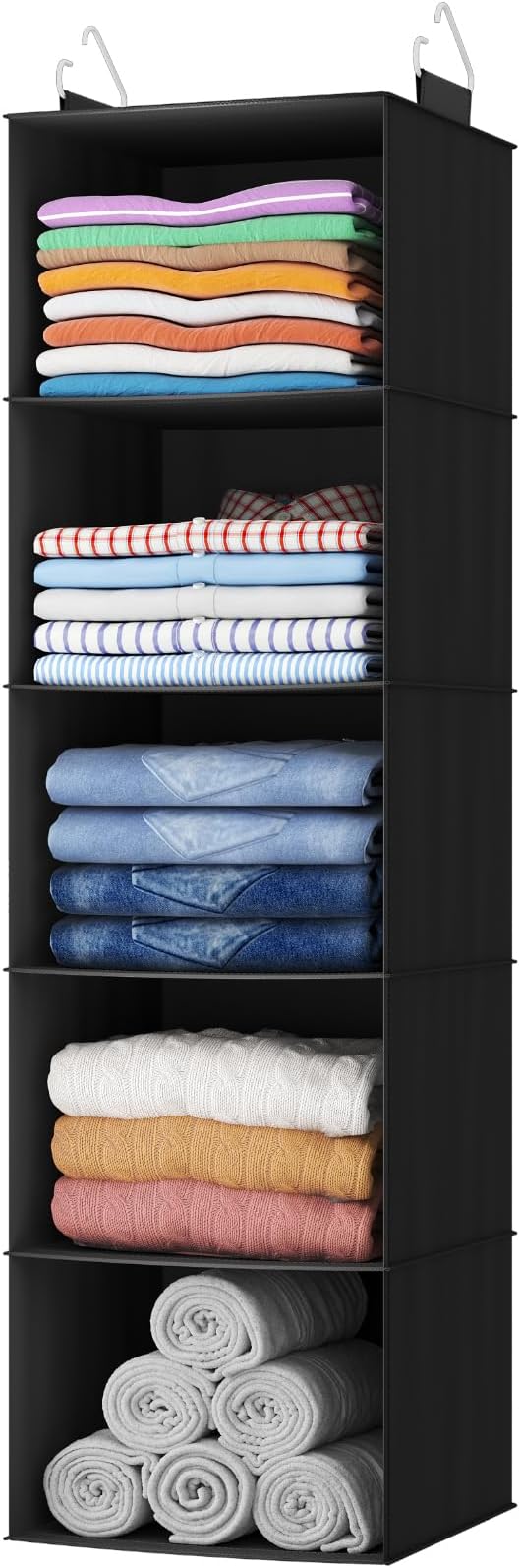 Lifewit 5 Tier Hanging Closet Organizer and Storage for Shelves, Foldable Clothes Shelf with 2 Sturdy Hooks, Sweater/Coat/Shoes Clothing Organization for Wardrobe, Dorm, Bedroom, Black