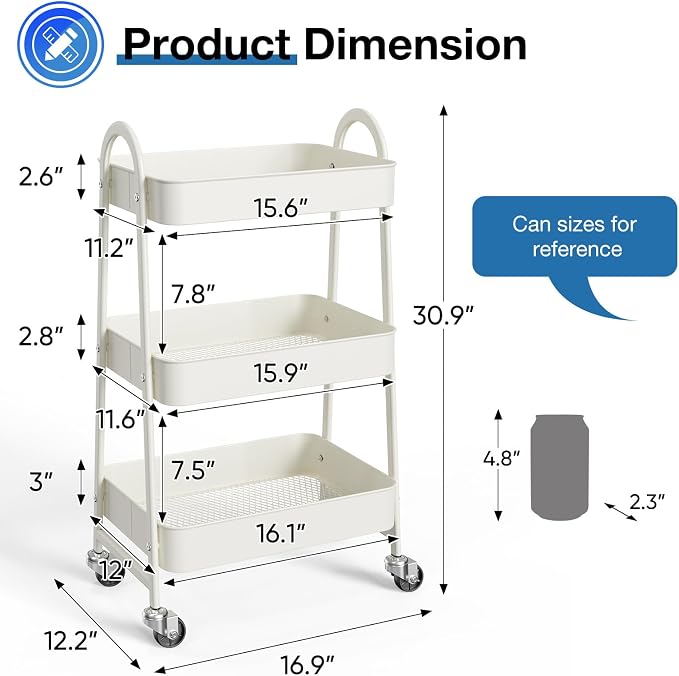 OLIXIS Metal 3 Tiers Utility Rolling Cart, Mobile Storage Shelf with Lockable Caster Wheels, Organization for Livingroom, Bathroom & Narrow Places, White
