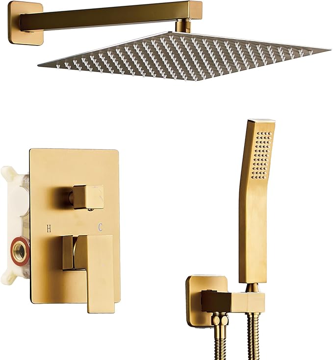 SaniteModar Brushed Gold Shower Head System 12 Inch Square Rainfall Shower Head with Handheld Shower Vaval and Trim Kit Wall Mounted Shower Faucet Set, Brushed Gold Shower Head