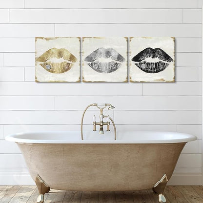 Lips Wall Decor Gold Silver and Black Lip Canvas Wall Art Glam Lips Poster for Bathroom Livingroom Bedroom Makeup Room Wall Decor 12x12Inchx3pcs
