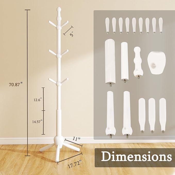 Solid Wood Coat Rack Stand, Morden Heavy Duty Coat Hanger Stand with 9 Hooks, 3 Adjustable Size Sturdy Coat Tree for Living Room, Entryway, Office, Hallway, White