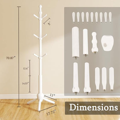 Solid Wood Coat Rack Stand, Morden Heavy Duty Coat Hanger Stand with 9 Hooks, 3 Adjustable Size Sturdy Coat Tree for Living Room, Entryway, Office, Hallway, White