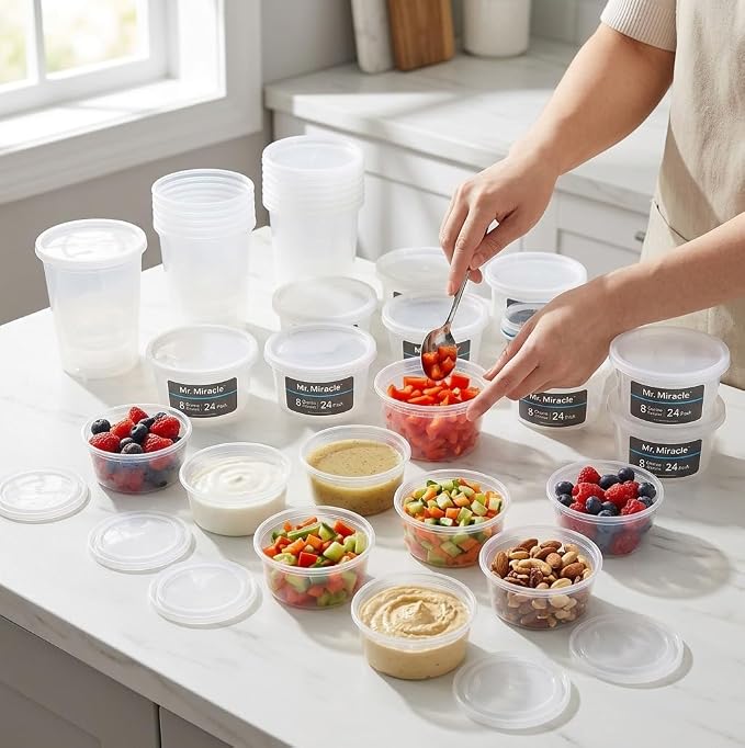 Mr Miracle 8OZ Deli Containers with Lids - 24 Pack of 8 oz Clear Airtight Reusable Plastic Food and Multi-Purpose Deli Containers - Microwave, Freezer, and Dishwasher Safe