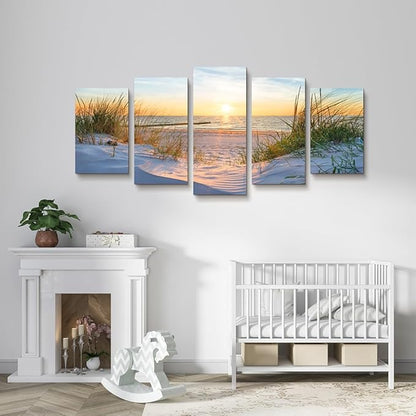 Canvas Wall Art For Living Room Large Size Wall Decor For Bedrooms Beach Grass Blue Ocean Landscape Painting Office Wall Decorations Seascape Print Canvas Pictures Artwork Home Decor Works 5 Piece