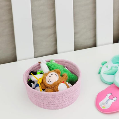 Small Storage Basket, Set of 3 Woven Baskets, Cotton Rope Small Baskets for Organizing, Cute Mini Tiny Round Basket, Bathroom Organization Bin (Pink)