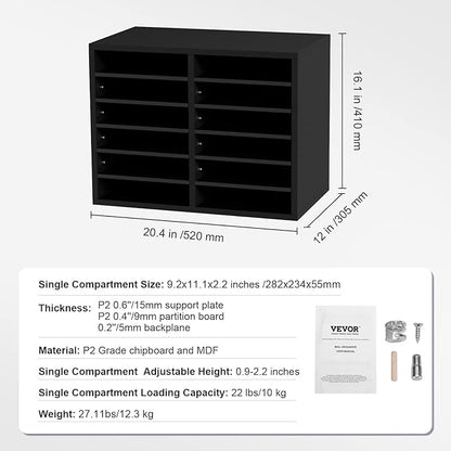 VEVOR Literature Organizers, 12 Compartments Office Mailbox with Adjustable Shelves，Wood Literature sorter 20.4x12x16.1 inches for Office, Home, Classroom, Mailrooms Organization, EPA Certified Black