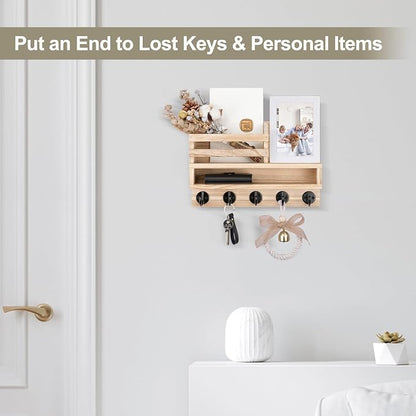Key and Mail Holder Wall Mount, Key Hanger with Long Storage Box and Key Hooks for Coat, Dog Leash, Home Decor Rack, House Accessories, Entry Way Organizer