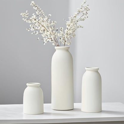 Ceramic Vase Set-3, Small Flower Vases for Decor, Modern Boho Farmhouse Style, Decorative Vases for Pampas Grass & Dried Flowers, Distressed Finish (White)