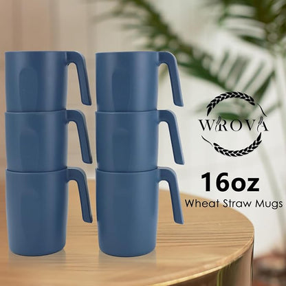 Wrova 16oz Wheat Straw Cups with handles set of 6-Plastic Cups Reusable-Unbreakable Kids Mugs-Dishwasher Safe & Microwave Safe-Ideal Plastic Mugs for Tea,Coffee,Camping,RV-Navy Blue