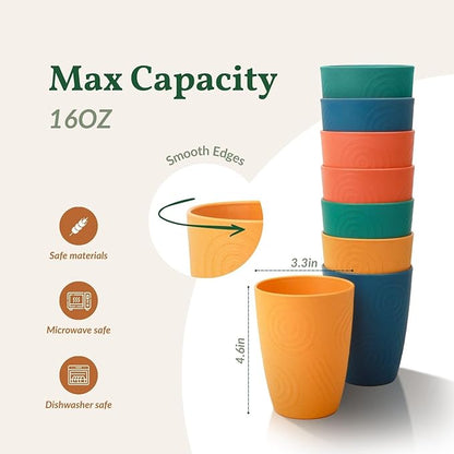 Homienly Drinking Glasses Cups Set of 8 - Wheat Straw Cups | Alternative to Plastic Cup 16 OZ | Reusable Unbreakable Water Tumblers | Dishwasher Safe Drinking Cup for Kitchen - Multi Color