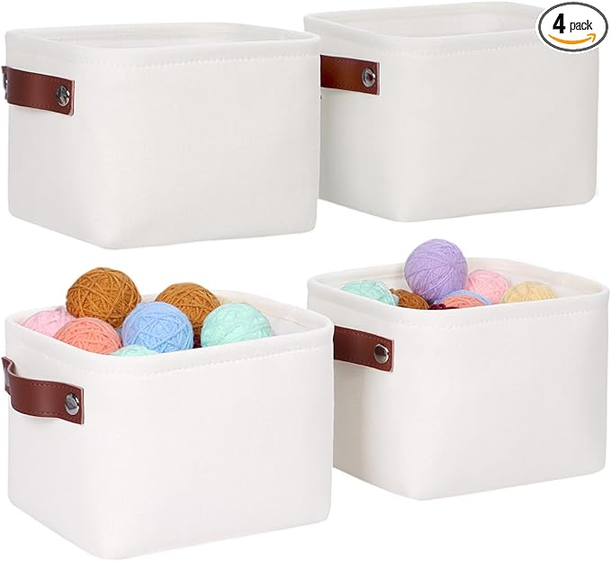 Kntiwiwo Small Fabric Storage Bins, 7.8x6.7x5.9 inch Mini Storage Cubes 4-Pack Storage Basket for Makeup Collapsible Fabric Storage Organizer with Handles, Decorative Basket for Desk, Shelves, White
