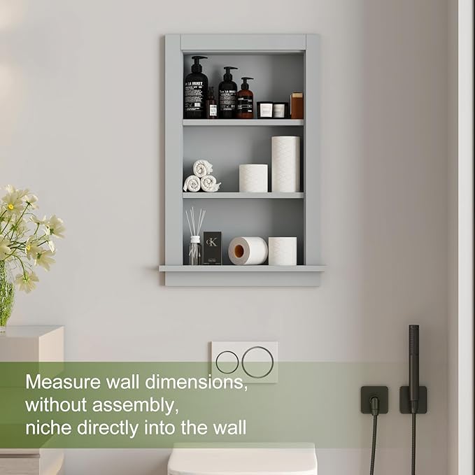 Recessed Medicine Cabinet,in Wall Shower Niche,14x24 Bathroom Cabinet with Storage,Bathroom Niche for Shower Wall for Bedroom,Wall Niches Insert for Drywall,Grey/MDF