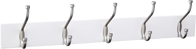 Amazon Basics Rectangular Farmhouse Wall-Mounted Coat Rack for Entryway and Bedroom, Storage Organizer, 5 Hooks, White