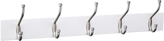 Amazon Basics Rectangular Farmhouse Wall-Mounted Coat Rack for Entryway and Bedroom, Storage Organizer, 5 Hooks, White