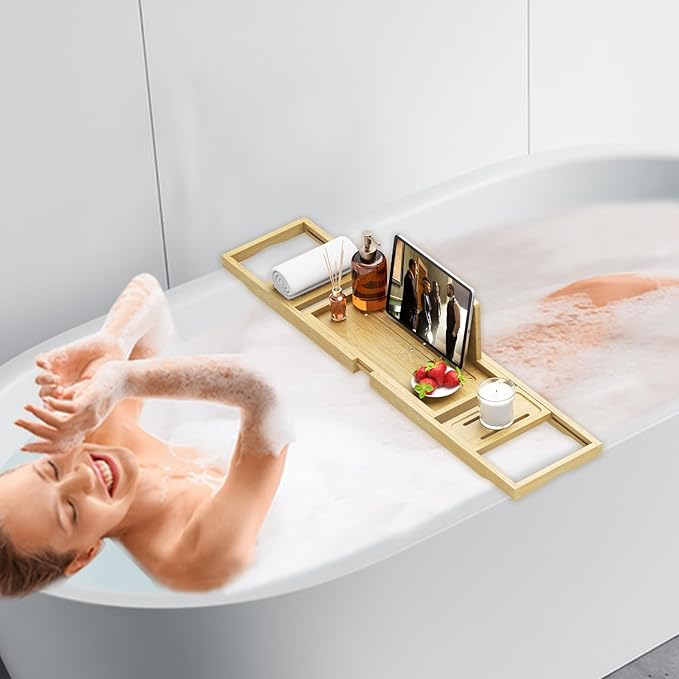 Premium Bathtub Tray - Expandable Bamboo Wooden Bath Trays for Bathub - Bath Tub Table Tray for Bathtub/Tub,Adjustable Size, Fits Most Tubs