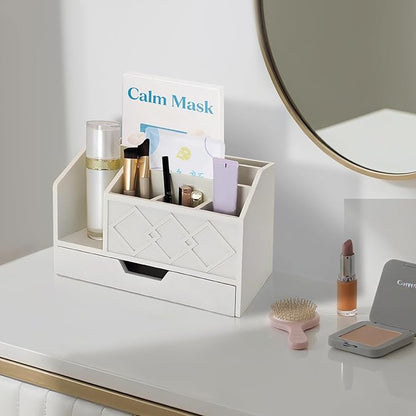 White Wooden Mail Organizer with Drawer, Three Tiered Desk Accessories for Office Organization and Storage, Stylish Countertop Document Storage, Home/Office/Classroom Supplies (White01)