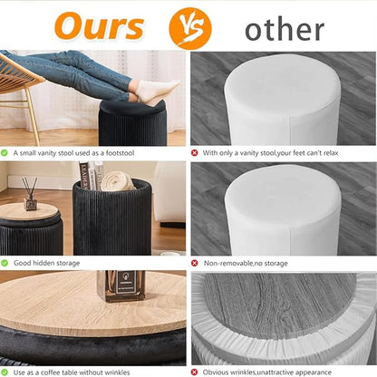 BLEXA Round Set of 2 Ottoman with Storage - Upholstered Velvet Vanity Stool for Makeup Multifunctional Ottomans Coffee Table Padded Seat Foot Rest for Living Room & Bedroom (Black)