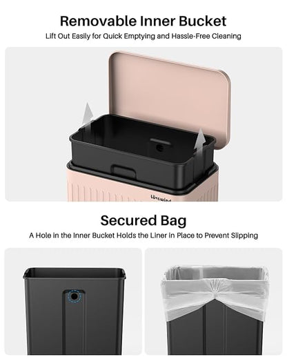 Lovewind 60 Liter/ 16 Gallon Stainless Steel Trash Can with Soft-Close Lid, Large Footstep Garbage Can with Roman Texture, Removable Inner Buckets, Recycling Bin for Kitchen Office, Pink