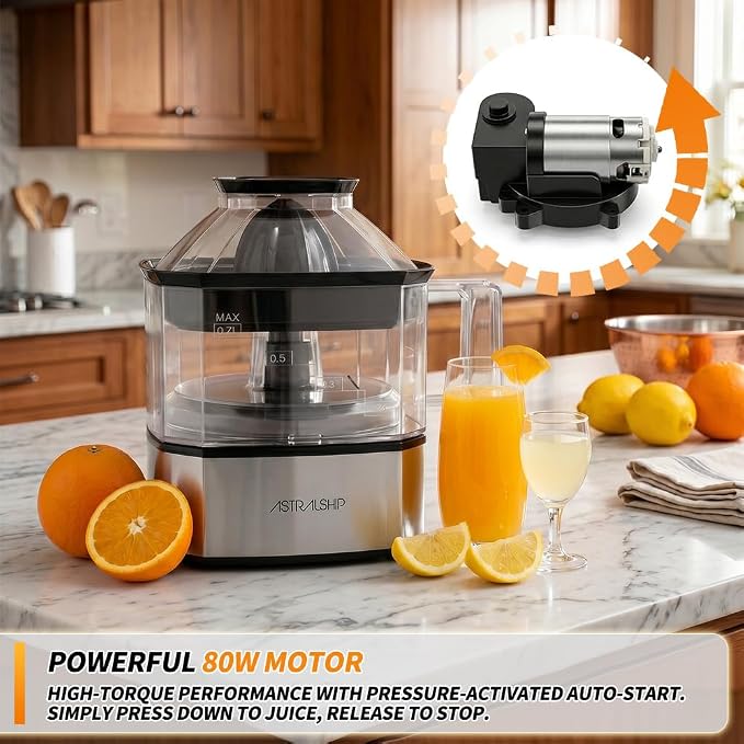 Astralship Citrus Juicer Machine Electric Orange & Lemon Squeezer with Stainless Steel Base, 24oz Pitcher, Pressure-Activated, 2 Cones & Pulp Filter for Orange, Lemon, Grapefruit Juice