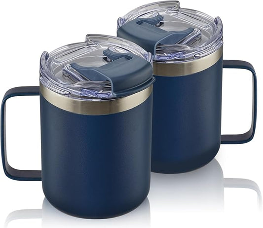 12oz Stainless Steel Insulated Coffee Mug with Handle, Double Wall Vacuum Tumbler Cup with Fliping Lid, Navy, 2 Pack