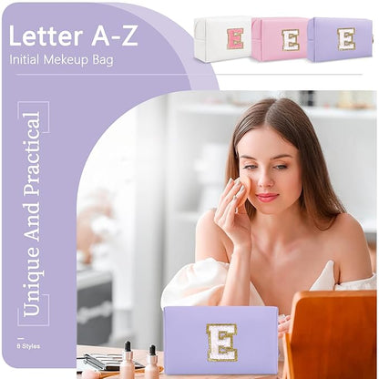 Personalized Makeup Bag Initial A-Z Preppy Patch Bag,Small PU Leather Travel Cosmetic Bag Pouch with Zipper,Purple Cute Toiletry Bag,Gift Ideal for Teen Girls Women Birthday Friend Mom,Latter E